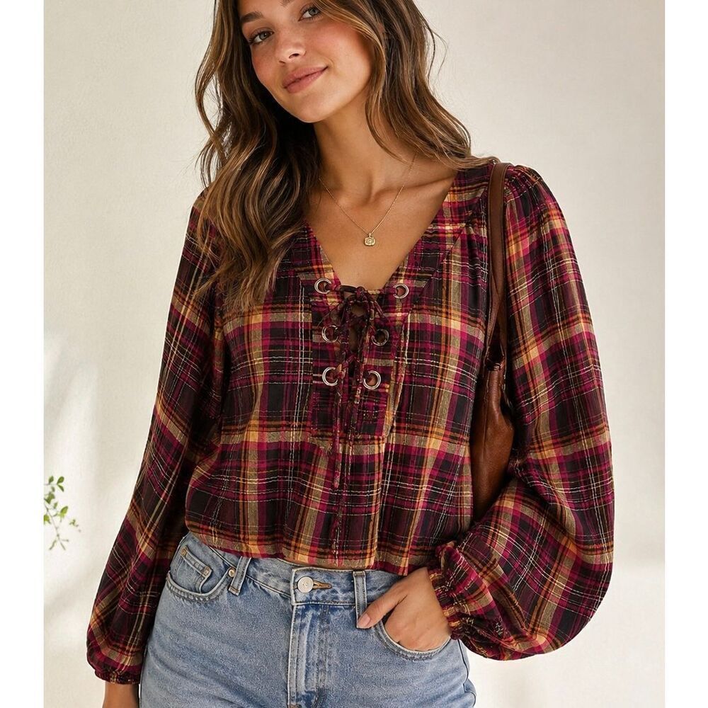 Anthropologie Plaid Lace-Up Peasant Blouse Balloon Sleeve Boho Top Sz Small